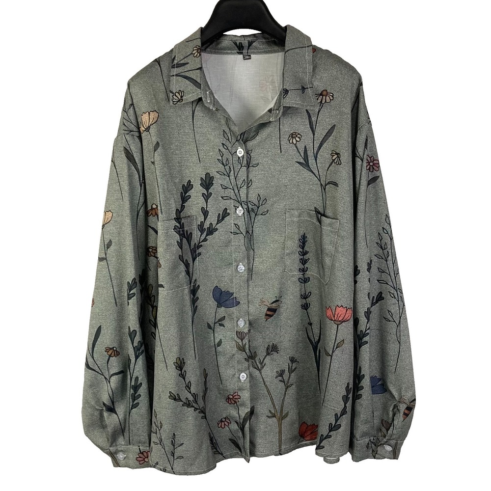 Sage Green Botanical Wildflower & Bee Button-Down - Size 5XL